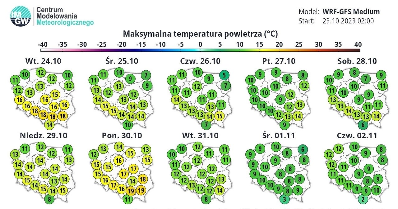 Według aktualnego modelu pogodowego IMGW na początku listopada we Wszystkich Świętych temperatury nie przekroczą 10 stopni Celsjusza /IMGW /