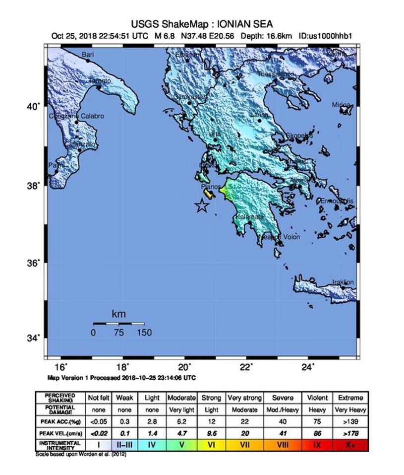 Według amerykańskiej Służby Geologicznej (USGS) epicentrum trzęsienia ziemi znajdowało się w rejonie wyspy Zakynthos /USGS /PAP/EPA