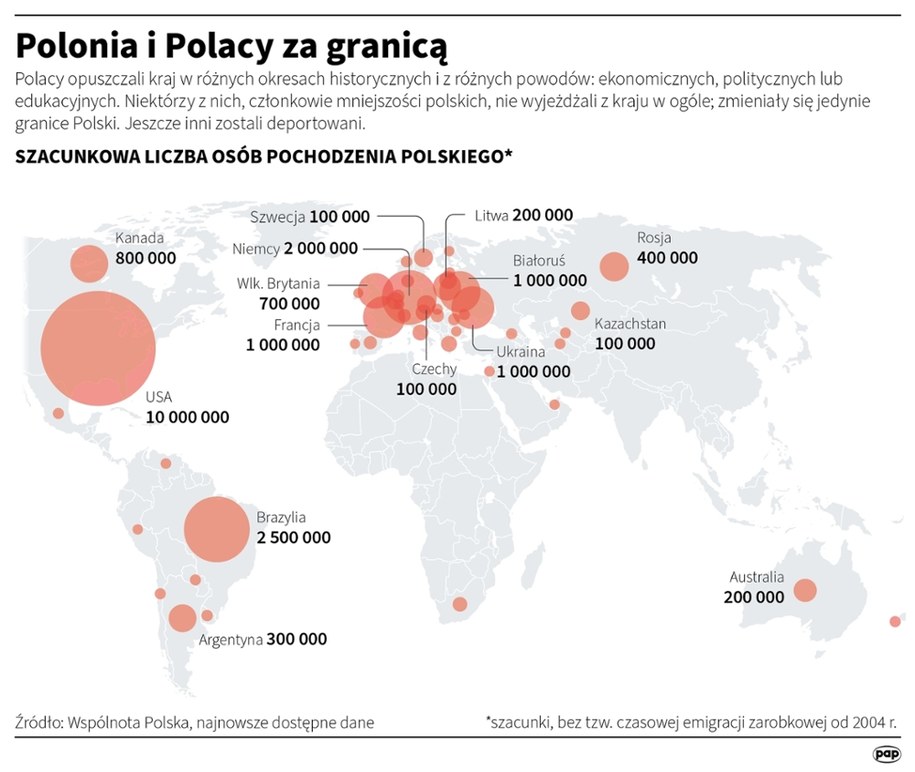 Według danych MSZ, poza granicami Polski mieszka ok. 20 mln osób polskiego pochodzenia. Są to osoby, które wyjechały z kraju lub urodziły się poza Polską, ale poczuwają się do polskiego pochodzenia i związków z polskością: potomkowie emigrantów z XIX wieku i uchodźców uciekających przed wojnami, kolejne pokolenia dawnych obywateli polskich, którzy pozostali na Kresach lub w głębi Związku Sowieckiego, byli opozycjoniści antykomunistyczni z rodzinami i emigranci zarobkowi, którzy wyjechali z Polski po 1989 r.