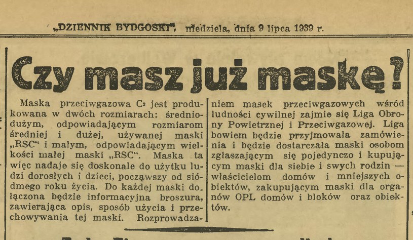 Według gazet każdy Polak musiał kupić maskę przeciwgazową /Kujawsko-Pomorska Biblioteka Cyfrowa /materiał zewnętrzny