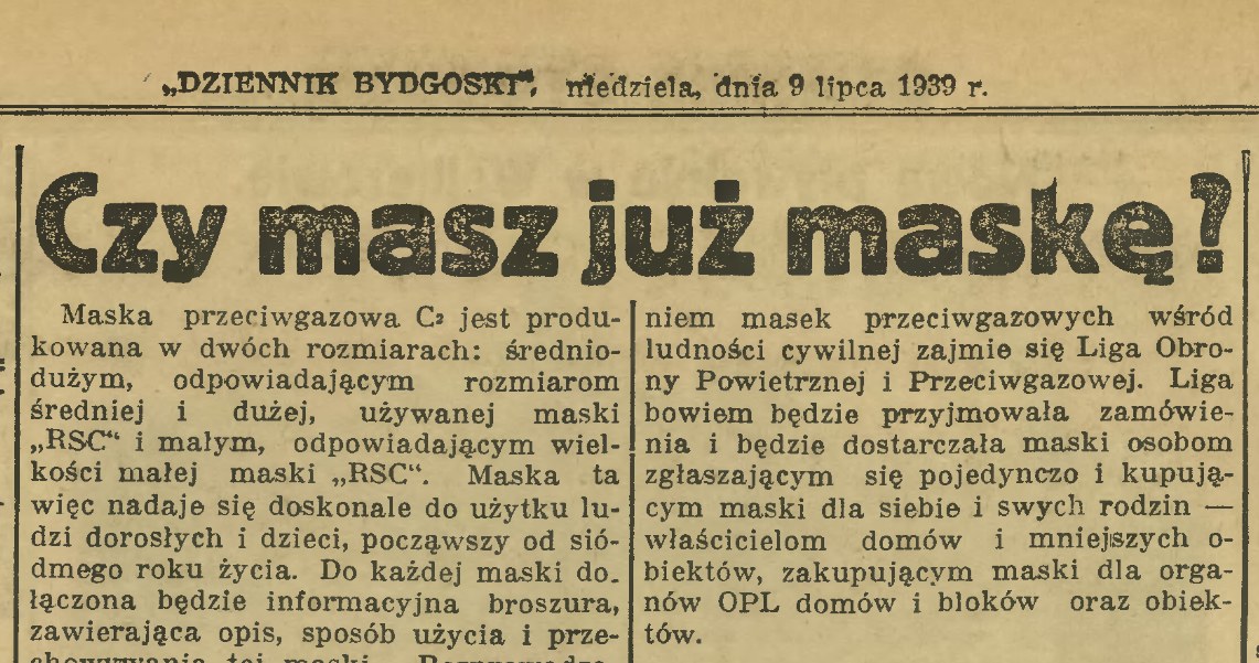 Według gazet każdy Polak musiał kupić maskę przeciwgazową /Kujawsko-Pomorska Biblioteka Cyfrowa /materiał zewnętrzny