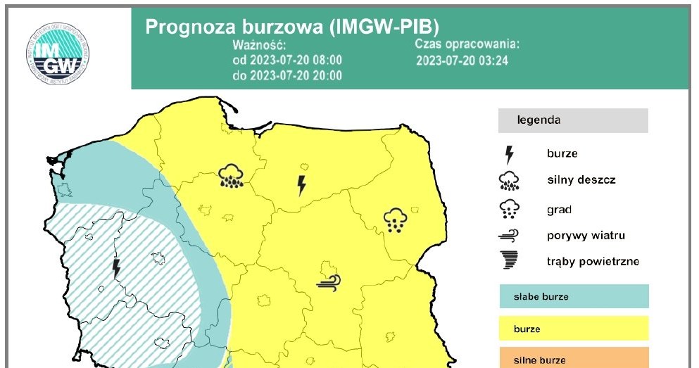 Według prognoz IMGW w czwartek burze będą miały miejsce praktycznie w całej Polsce. Trzeba się liczyć z gradobiciem /IMGW /