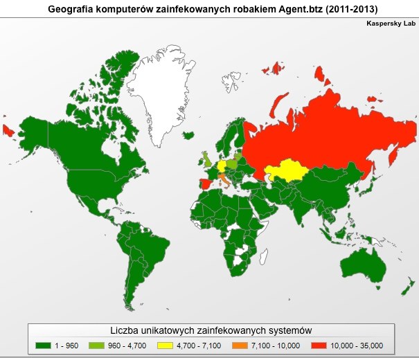 Wedługg danych Kaspersky Lab, w latach 2011 - 2013 Agent.btz został wykryty na niemal 110 tysiącach systemów w 100 krajach. /materiały prasowe