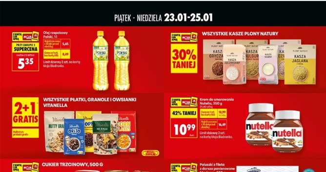 Weekend gratisów w Biedronce. Akcje 1+1, 2+1 i 2+2 gratis na popularne produkty spożywcze, chemię i artykuły dla dzieci - promocje obowiązują do niedzieli /Biedronka /INTERIA.PL