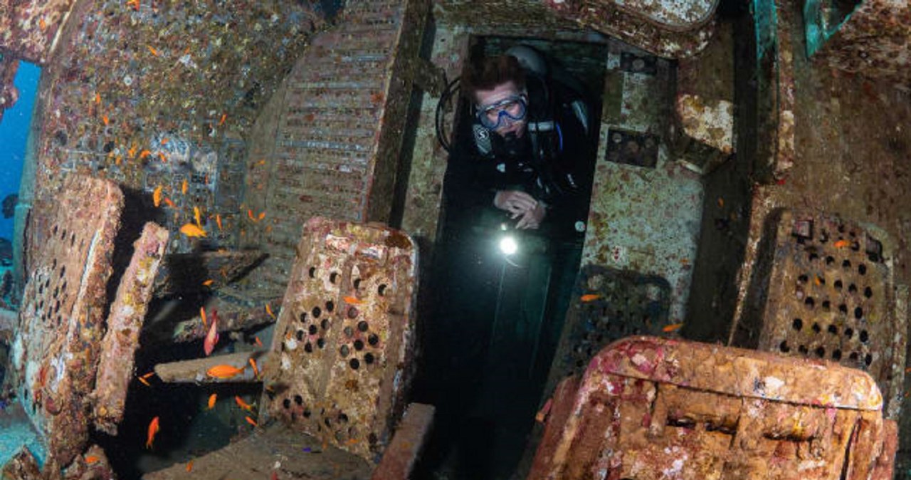 Wewnątrz kokpitu zatopionego samolotu zachowano fotele i część urządzeń / zdjęcie: Brett Hoelzer / Centrum nurkowe Deep Blue /domena publiczna