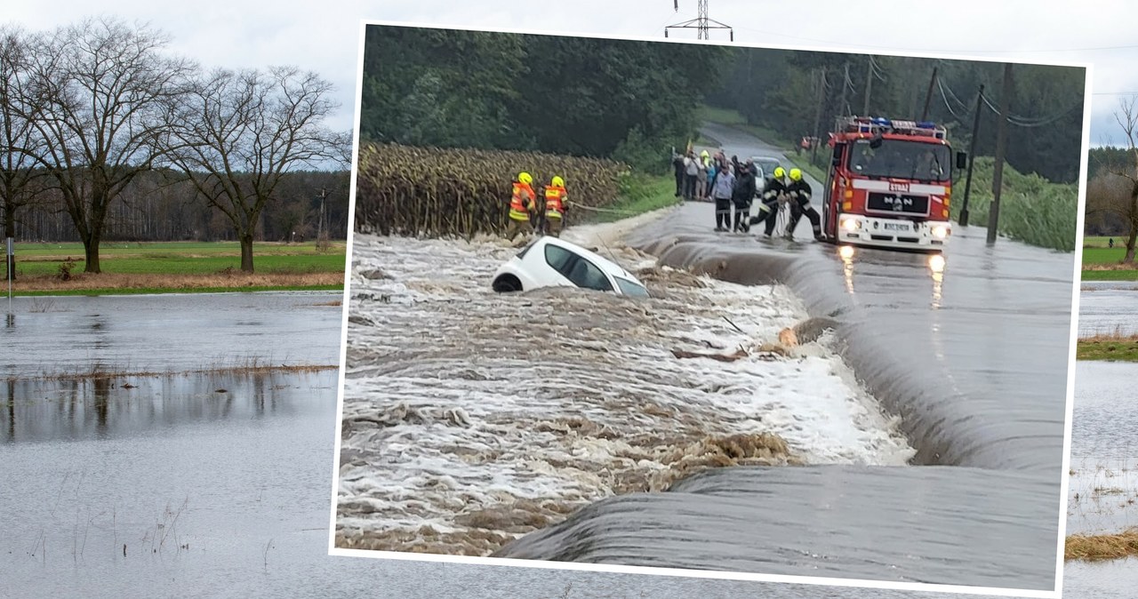 Wezbrana woda w Kałkowie porwała z drogi samochód wraz z kierującą / fot. NewsLubuski/East News / Nowiny Nyskie /