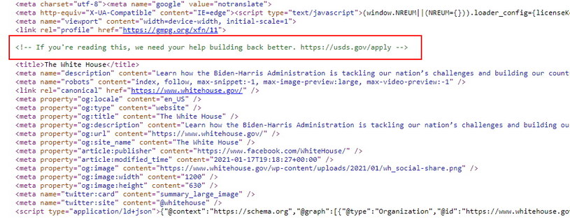 Wiadomość zaszyta w kodzie strony - "If you're reading this, we need your help building back better". Co można przetłumaczyć jako: "Jeśli to czytasz, potrzebujemy twojej pomocy w budowie lepszego backendu (w uproszczeniu: administracyjny i hostingowy aspekt strony WWW)