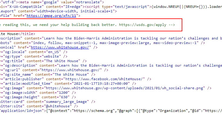 Wiadomość zaszyta w kodzie strony - "If you're reading this, we need your help building back better". Co można przetłumaczyć jako: "Jeśli to czytasz, potrzebujemy twojej pomocy w budowie lepszego backendu (w uproszczeniu: administracyjny i hostingowy aspekt strony WWW)