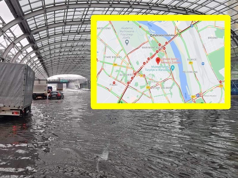 Wiadukty na trasie toruńskiej S8 w Warszawie są całkowicie zalane /fot: Twitter: Policja_KSP / mapy Google /Policja
