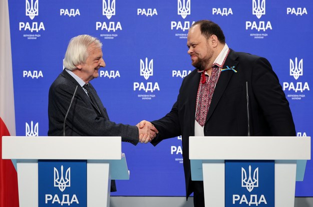 Wicemarszałek Sejmu RP Ryszard Terlecki oraz przewodniczący Rady Najwyższej Ukrainy Rusłan Stefanczuk podczas konferencji prasowej / 	Leszek Szymański    /PAP
