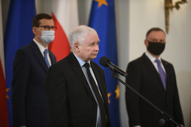 Wicepremier Jarosław Kaczyński, premier Mateusz Morawiecki i prezydent Andrzej Duda / 	Marcin Obara  /PAP