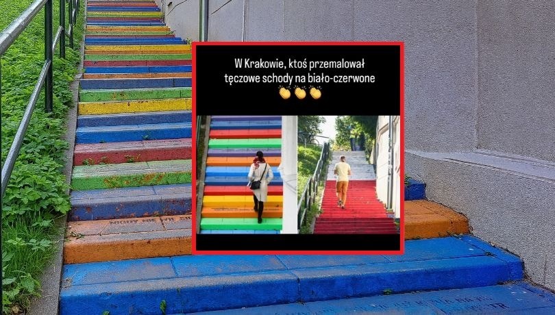 Wiceprzewodniczący Nowej Nadziei Konrad Berkowicz pochwalił przemalowanie kultowych kolorowych schodów w Krakowie na biało-czarwono /Shutterstock/print screen: Konrad Berkowicz, Facebook /Shutterstock