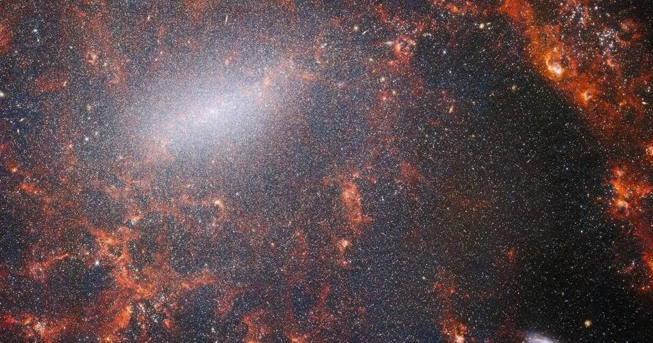Widok galaktyki spiralnej z poprzeczką NGC 5068, uzyskany z instrumentu NIRCam Kosmicznego Teleskopu Jamesa Webba /ESA/Webb, NASA i CSA, J. Lee i zespół PHANGS-JWST /NASA