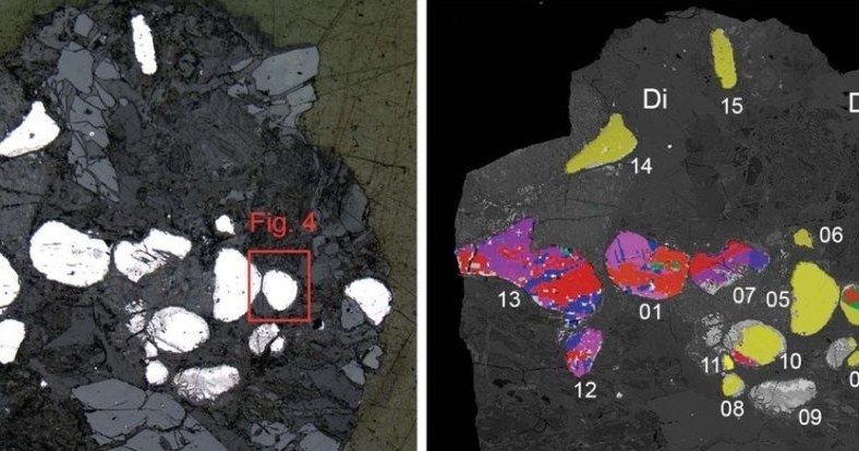 Widok ogólny próbki z basenu Hatrurim. Po lewej: polerowany przekrój pokazujący ziarna allabogdanitu i barringerytu (białe kamyczki). Po prawej: ten sam fragment ukazujący ziarna allabogdanitu (mieszane kolory) i barringerytu (żółty). /materiały prasowe