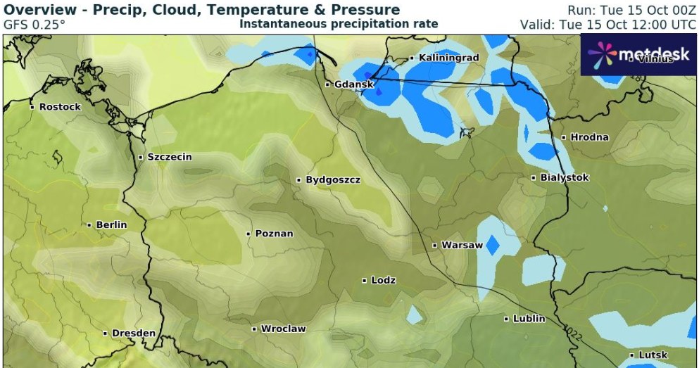 Więcej chmur i deszczu we wtorek należy się spodziewać we wschodniej połowie kraju, a także na północy /wxcharts /