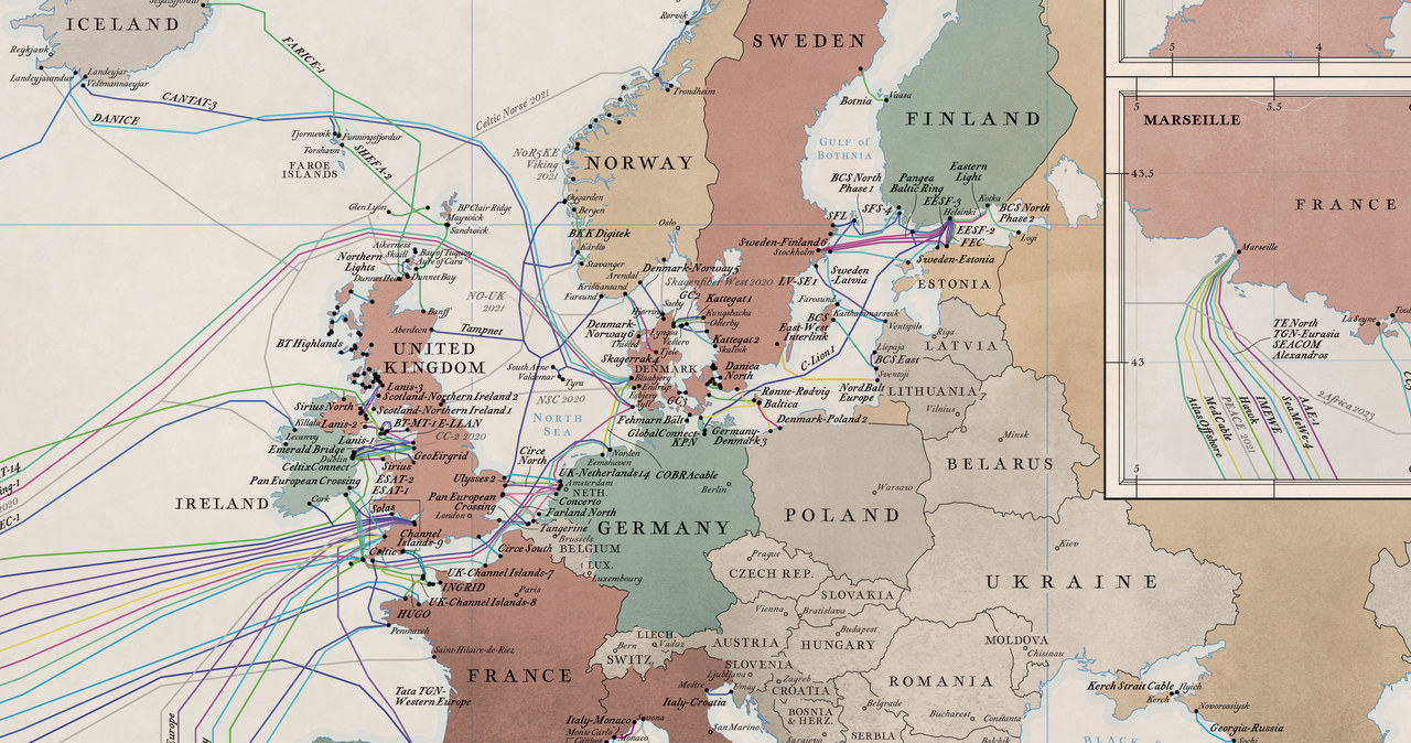 Większość kabli transatlantyckich przechodzi pod Irlandią i trafia do Wielkiej Brytanii i Francji /TeleGeography /materiał prasowy