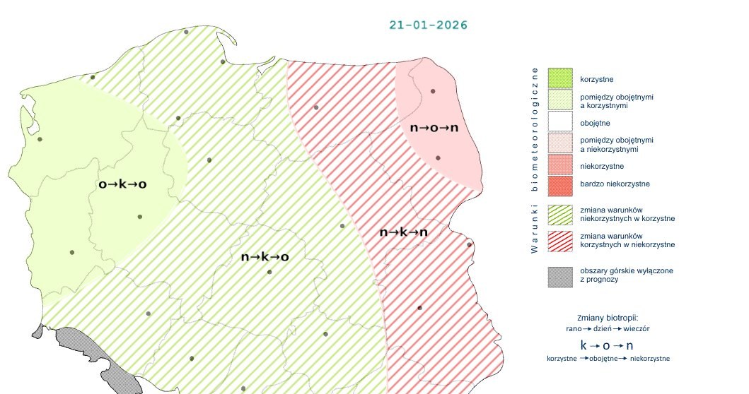 Większość kraju doświadczy w ciągu dnia korzystnych lub obojętnych warunków. Najdłużej niekorzystne utrzymają się na wschodzie /IMGW /