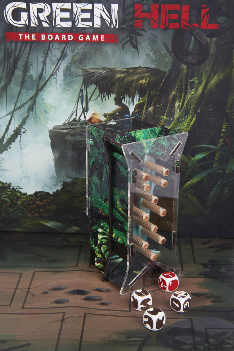 Wieża do rzutów kośćmi w Green Hell: The Board Game /materiały prasowe