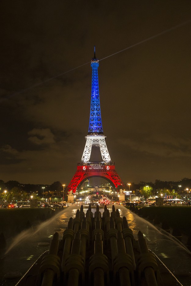 Wieża Eiffla oświetlona na niebiesko-biało-czerwono /ETIENNE LAURENT /PAP/EPA