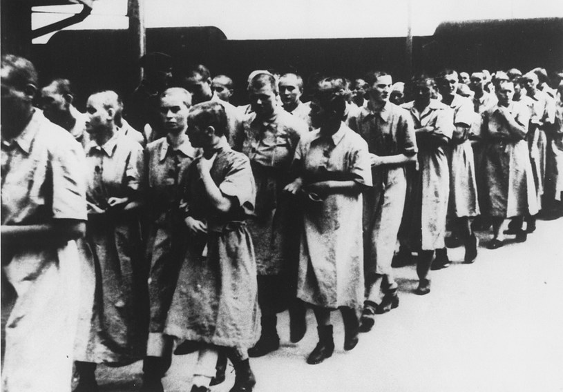 Więźniarki z ogolonymi głowami. Birkenau 1944 r. /AKG Images /East News