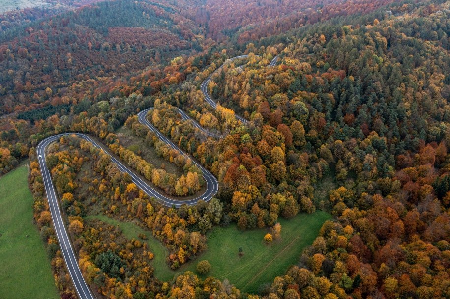 Wijące się wśród jesiennego lasu najdłuższe serpentyny w Polsce, na drodze krajowej nr 28 z Sanoka do Przemyśla, w okolicy miejscowości Wujskie /Darek Delmanowicz /PAP