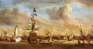 Willem van de Velde mł., Port w Amsterdamie z okrętem flagowym ?Gouden Leeuw?, 1686 /Encyklopedia Internautica