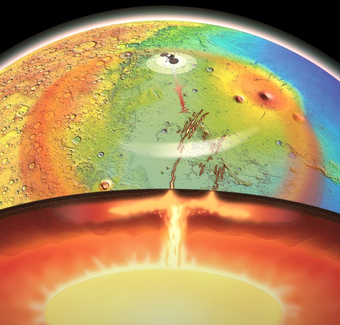 Wizja artysty przedstawiająca aktywny pióropusz płaszcza – dużą plamę ciepłej i pływającej skały – wznoszącą się z głębi Marsa i wypychającą w górę Elysium Planitia, równinę na północnych nizinach planety /Adrien Broquet i Audrey Lasbordes/ https://www.eurekalert.org/multimedia/967261 /materiały prasowe