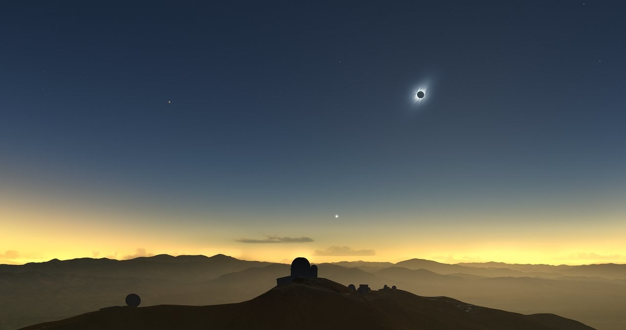 Wizja artystyczna całkowitego zaćmienia Słońca widzianego z Obserwatorium La Silla /materiały prasowe