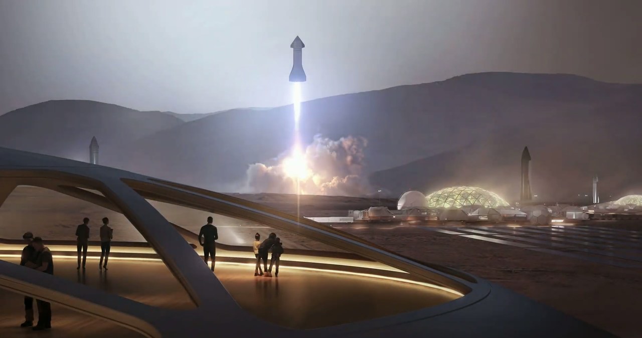 Wizja artystyczna kolonii na Marsie. W tle Starship /SpaceX /materiały prasowe