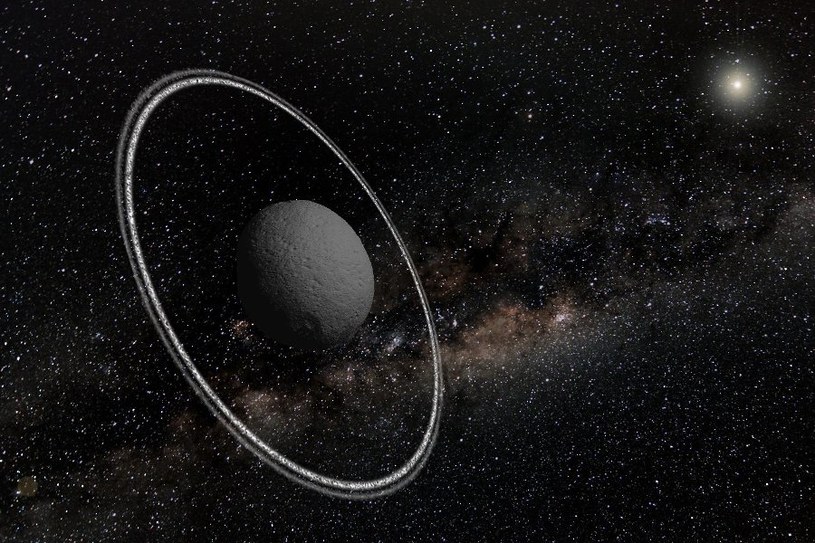 Wizja artystyczna planetoidy z pierścieniami. Źródło: ESO/L. Calçada/M. Kornmesser/Nick Risinger /materiały prasowe