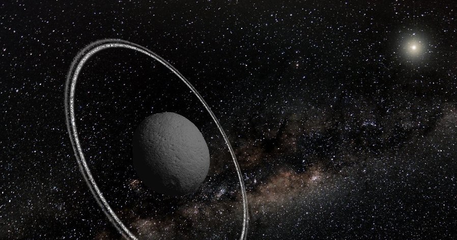 Wizja artystyczna planetoidy z pierścieniami. Źródło: ESO/L. Calçada/M. Kornmesser/Nick Risinger /materiały prasowe
