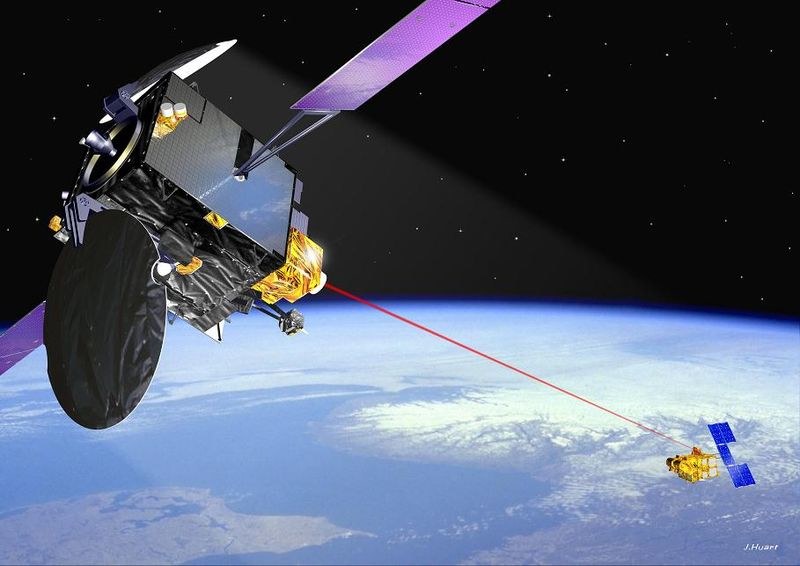 Wizja artystyczna połączenia laserowego między satelitami Artemis i SPOT-4 /materiały prasowe