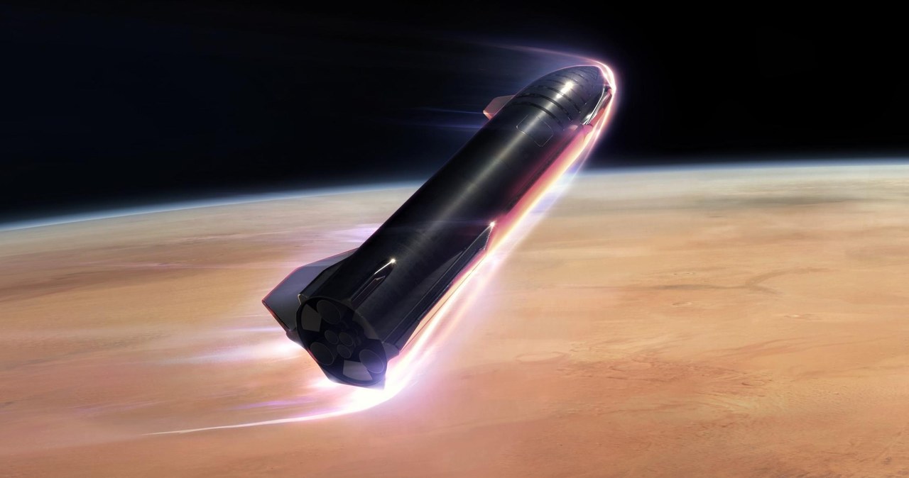 Wizja artystyczna Starshipa wchodzącego w atmosferę Marsa /SpaceX /materiały prasowe