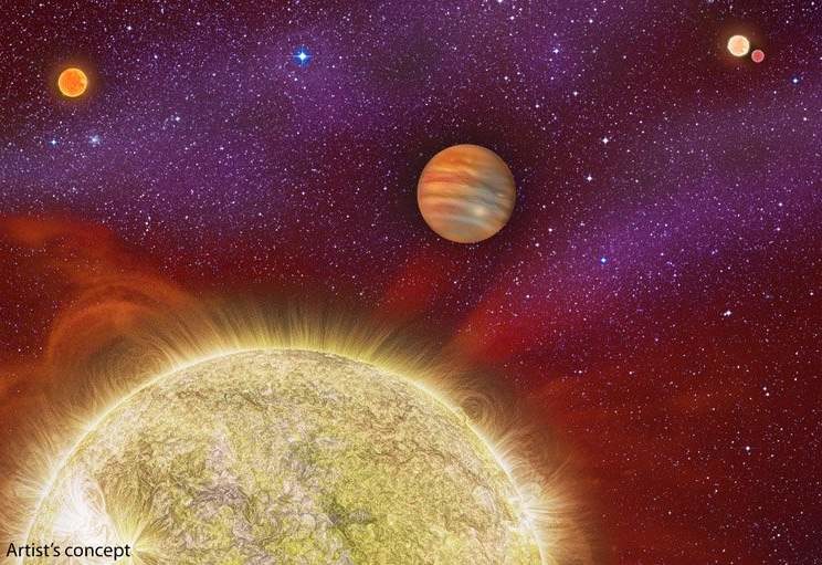 Wizja artystyczna układu 30 Ari, w centralnej części widać jedyną (znaną) egzoplanetę układu / Foto - Karen Teramura, UH IfA /Kosmonauta