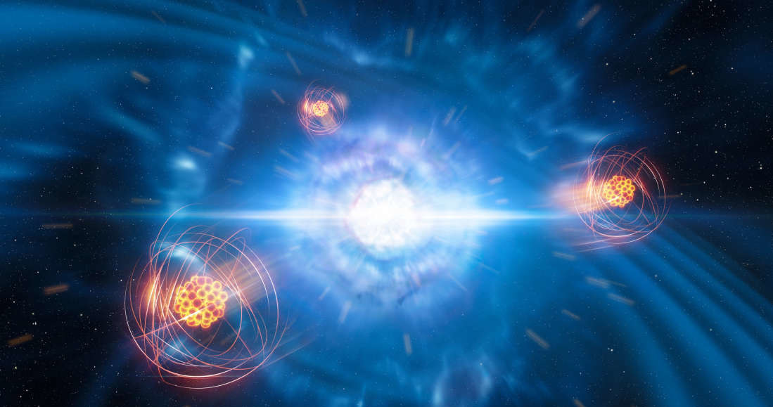 Wizja artystyczna wyrzutu strontu podczas kolizji gwiazd neutronowych /materiały prasowe