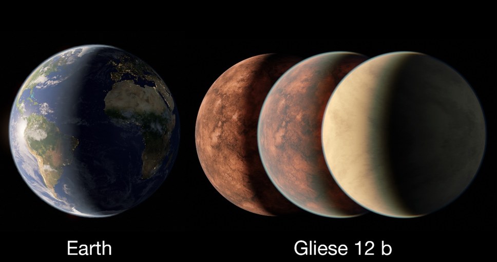 Wizja artystyczna z porównaniem planety Gliese 12 b do Ziemi. /NASA/JPL-Caltech/R. Hurt (Caltech-IPAC) /materiał zewnętrzny