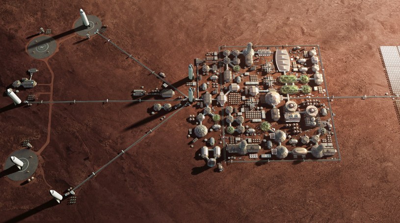Wizualizacja pierwszej kolonii na Marsie. Po lewej widoczne platformy startowe i statki Starship firmy SpaceX. /spacex.com /materiał zewnętrzny