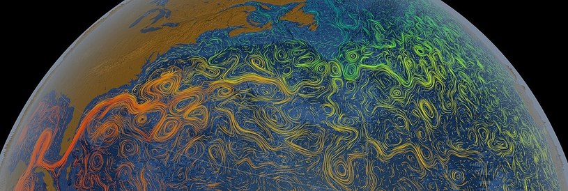 Wizualizacja Prądu Zatokowego wykonana przez NASA /Greg Shirah/NASA Scientific Visualization Studio: Gulf Stream Sea Surface Currents and Temperatures /domena publiczna