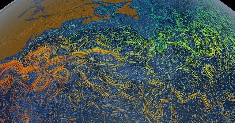 Wizualizacja Prądu Zatokowego wykonana przez NASA /Greg Shirah/NASA Scientific Visualization Studio: Gulf Stream Sea Surface Currents and Temperatures /domena publiczna