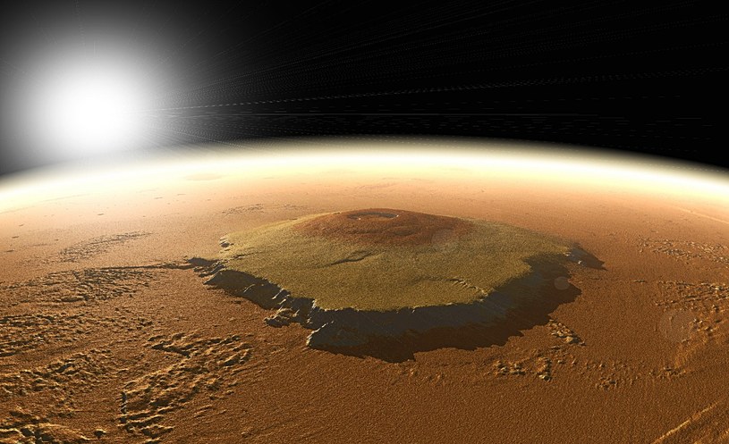 Wizualizacja wulkanu Olympus Mons na Marsie. /NASA/MOLA Science Team/O. de Goursac, Adrian Lark /materiały prasowe