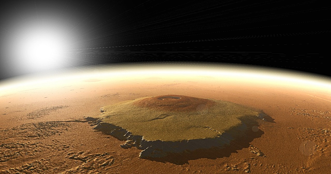 Wizualizacja wulkanu Olympus Mons na Marsie. /NASA/MOLA Science Team/O. de Goursac, Adrian Lark /materiały prasowe