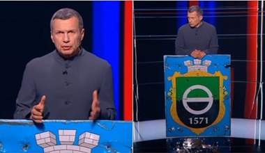 Władimir Sołowjow ogłasza zwycięstwo w Bachmucie. Pokazał ukradziony herb miasta