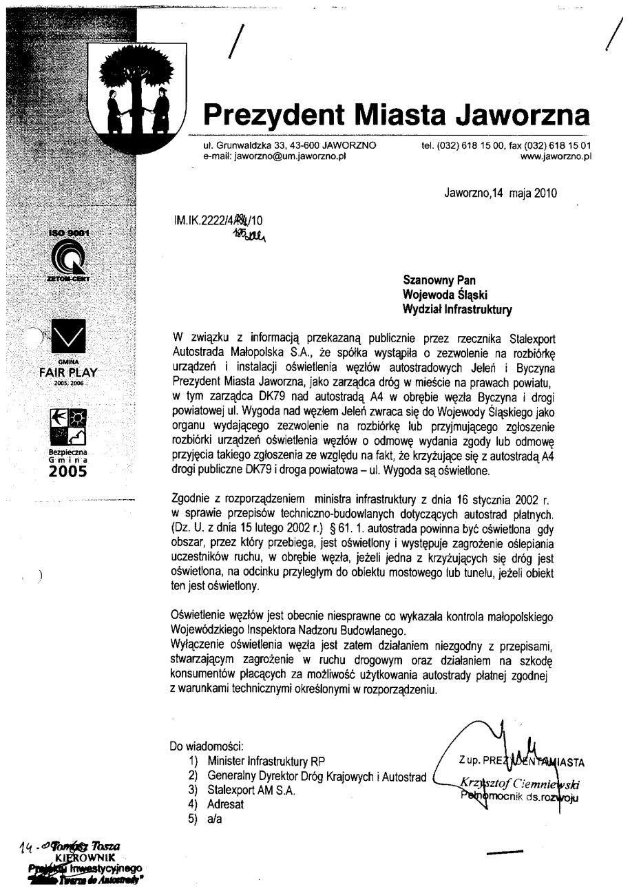 Władze Jaworzna nie chcą aby Stalexport zdemontował już istniejące oświetlenie.