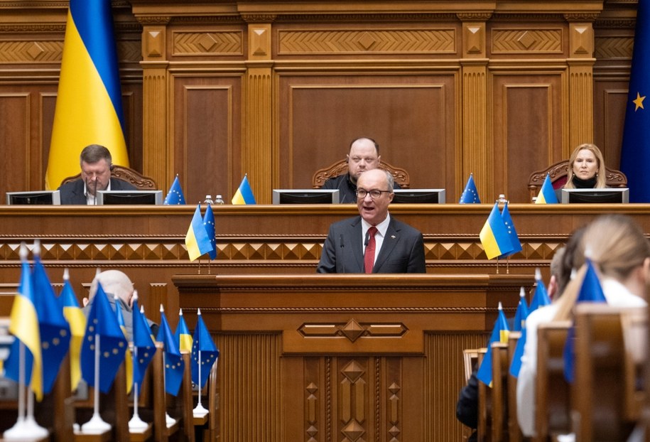 Włodzimierz Czarzasty przemawia w Kijowie 24 lutego /ANDRII NESTERENKO /PAP