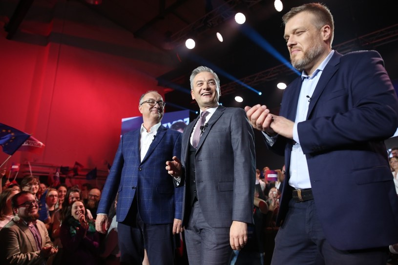 Włodzimierz Czarzasty, Robert Biedroń i Adrian Zandberg podczas wieczoru wyborczego /Mateusz Wlodarczyk /Agencja FORUM