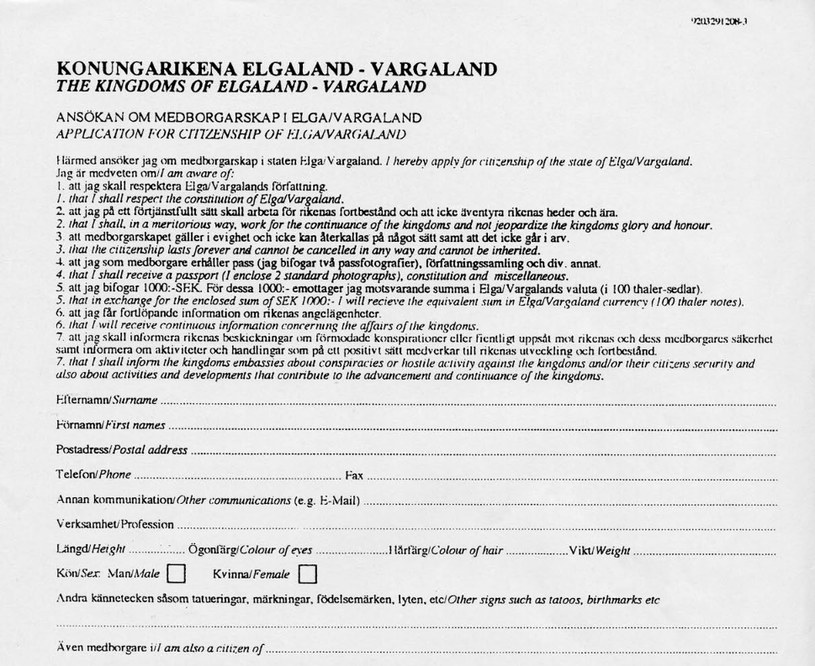 Wniosek o paszport Elgaland-Vargaland, który można pobrać i wypełnić /materiały prasowe