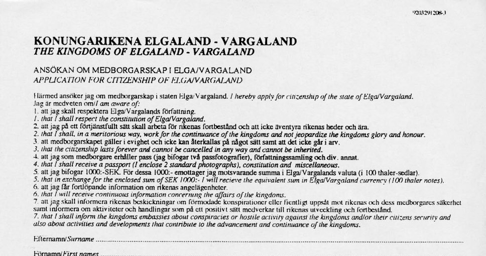 Wniosek o paszport Elgaland-Vargaland, który można pobrać i wypełnić /materiały prasowe