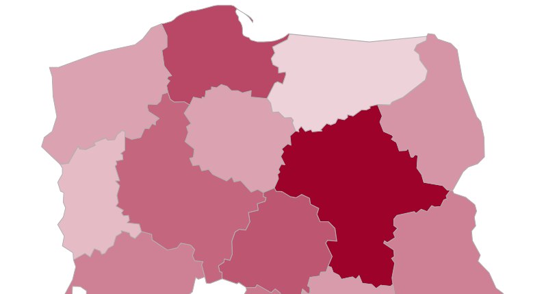 Województwo opolskie, na mapie oznaczone na biało, wyróżnia się najniższą frekwencją w wyborach. /Dane PKW /materiały prasowe