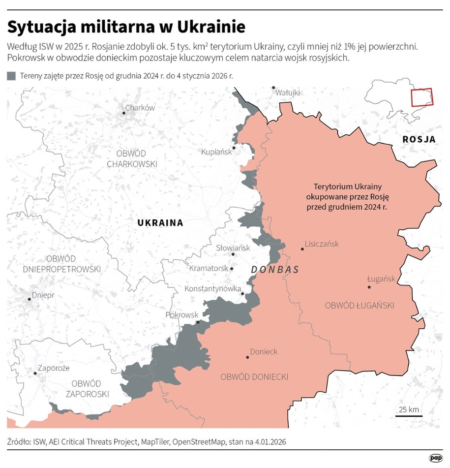 Wojna w Ukrainie - tereny zajęte przez Rosję od grudnia 2024 roku do 4 stycznia 2026 roku /Michał Czernek /PAP