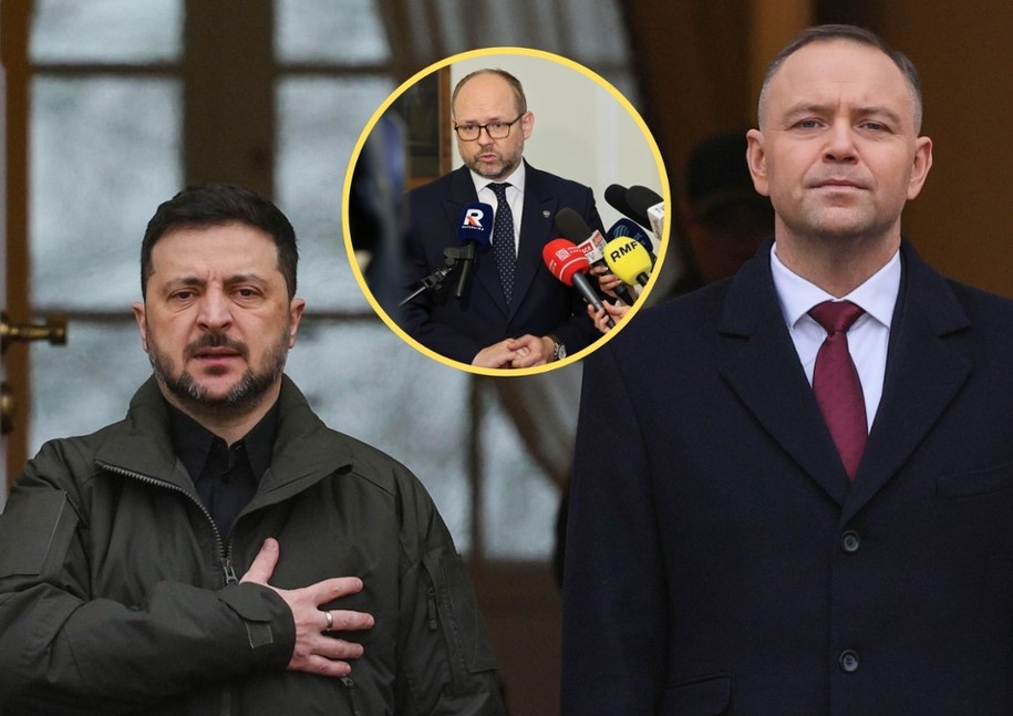 Wołodymyr Zełenski, Marcin Przydacz, Karol Nawrocki, fot. Albert Zawada /Paweł Supernak /PAP